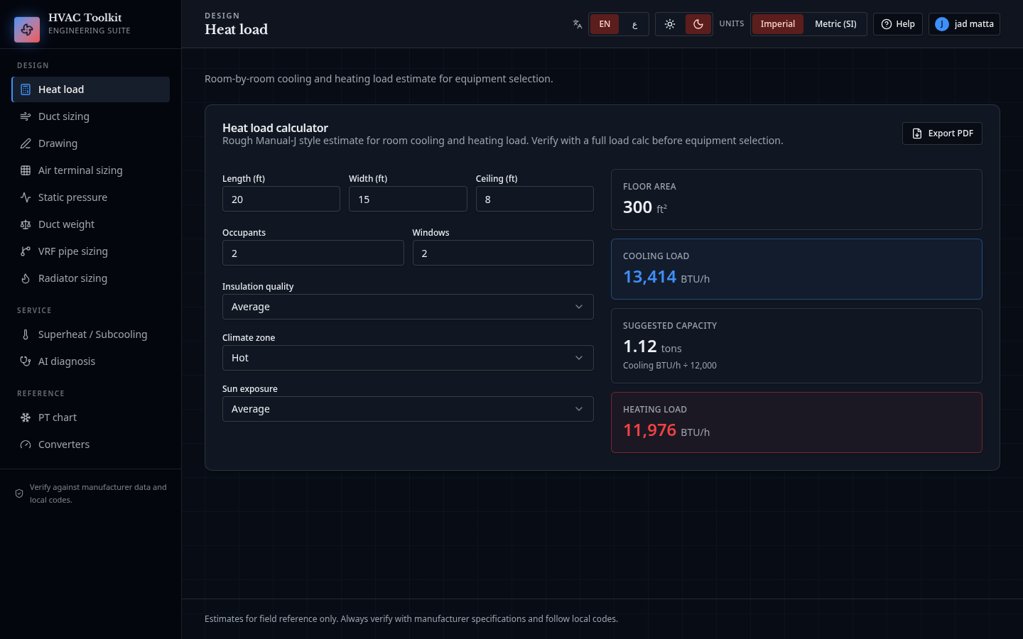 HVAC Toolkit heat load calculator in dark mode